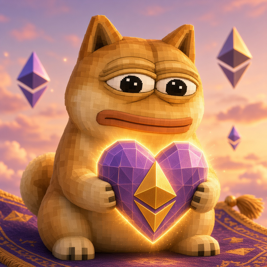 Doge Pepe holds a heart of Ethereum diamonds.