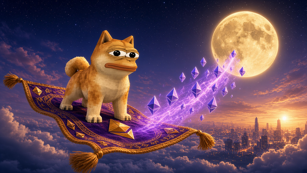 Doge Pepe rides a magic carpet through Ethereum diamonds toward the moon.