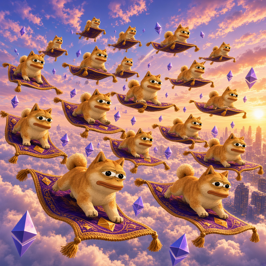 A fleet of Doge Pepes flying magic carpets