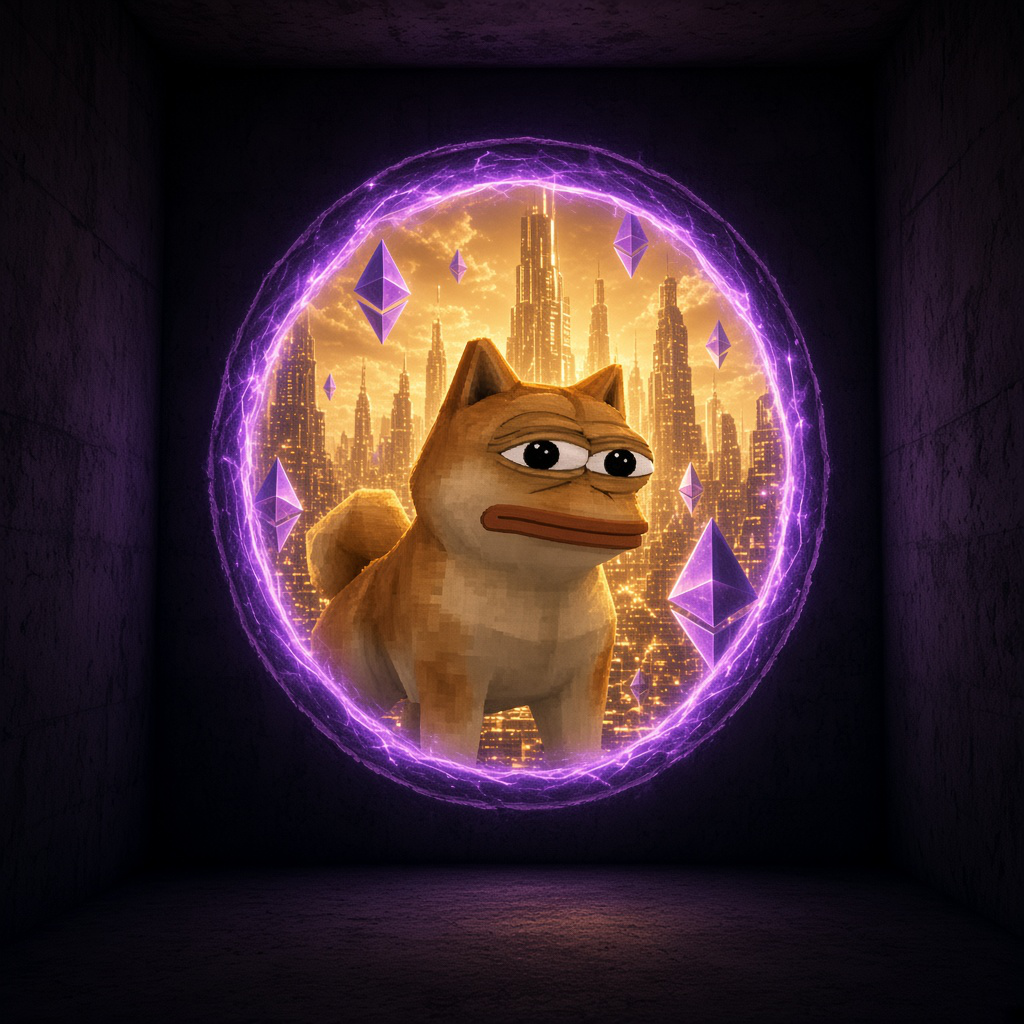 Doge Pepe looks through a glowing portal