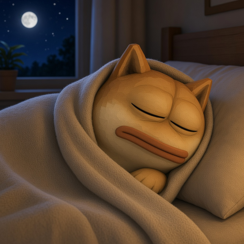Doge Pepe asleep under a blanket