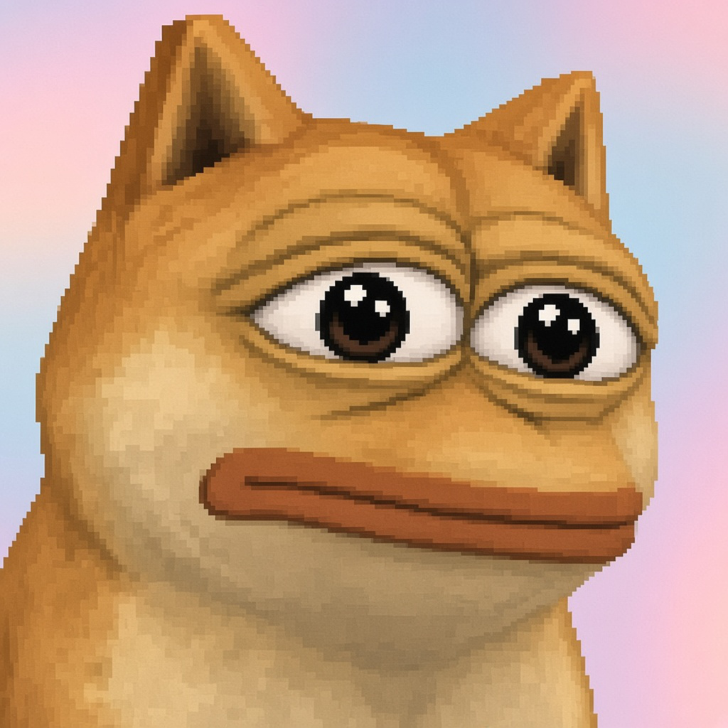 Doge Pepe looking up with big pleading eyes