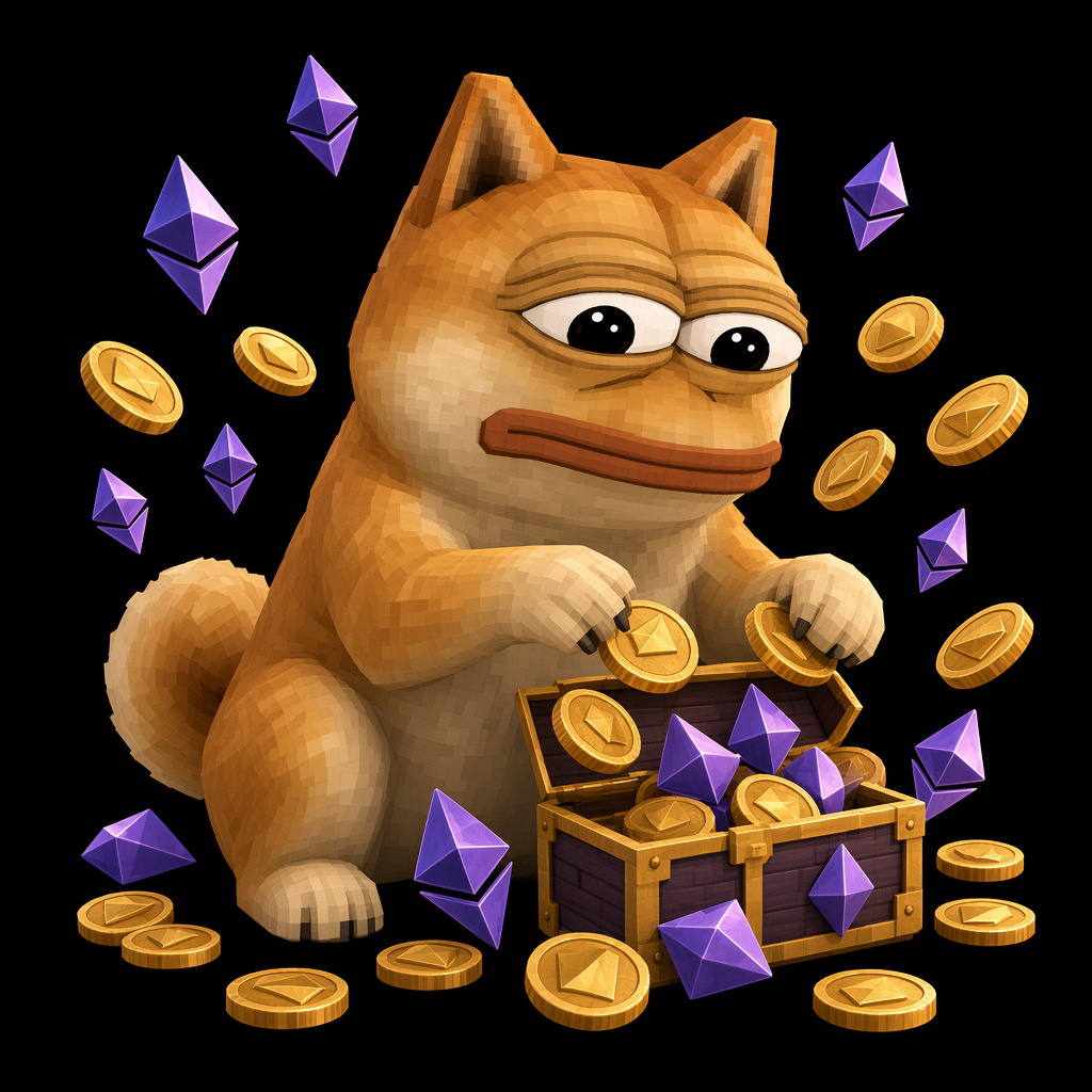 Doge Pepe arranges Ethereum diamonds and coins
