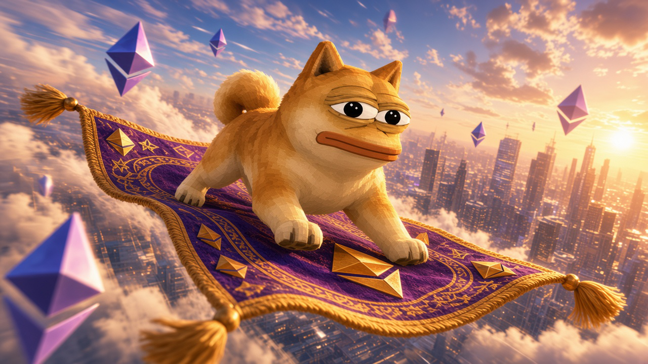 Doge Pepe charges forward on a magic carpet